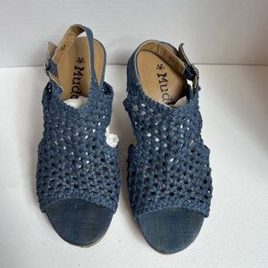 MUDD blue demon Woven Peep Toe Platform Cork Wedge Sandals, size 8 1/2